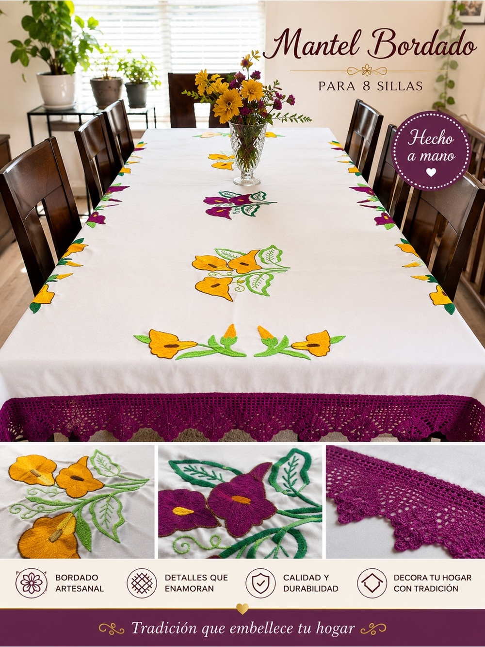 Tela White Tablecloth with Yellow & Purple Floral Embroidery